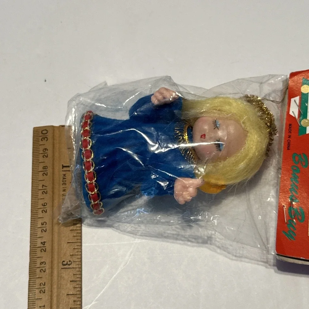 VTG BRADFORD AMES BLONDE Kissing ANGEL BLUE ORNAMENT‎ PLASTIC TINSEL HALO NOS